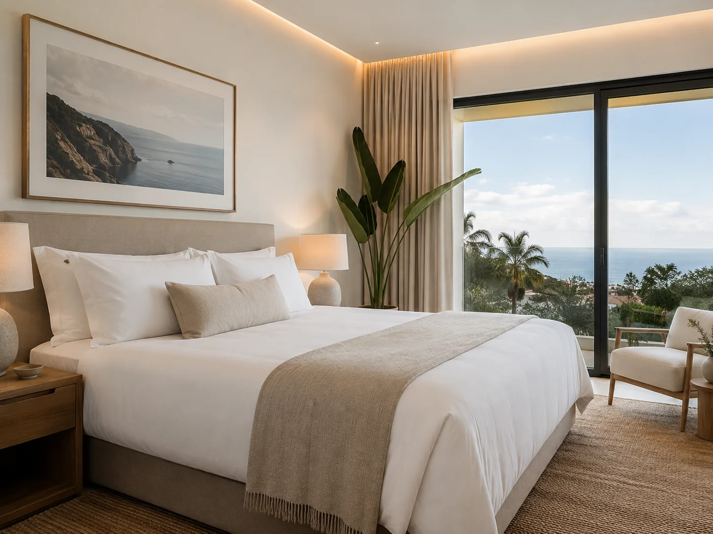 Sorgfältig vorbereitetes Schlafzimmer einer hochwertigen Ferienimmobilie auf Madeira