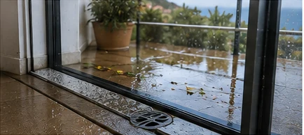 Eau visible près d’une porte de terrasse après de fortes pluies