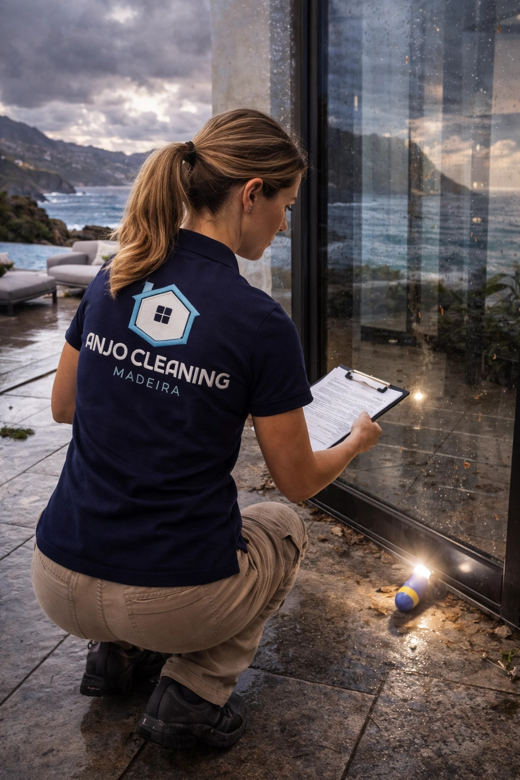 Collaboratrice contrôlant les fenêtres et accès après des intempéries