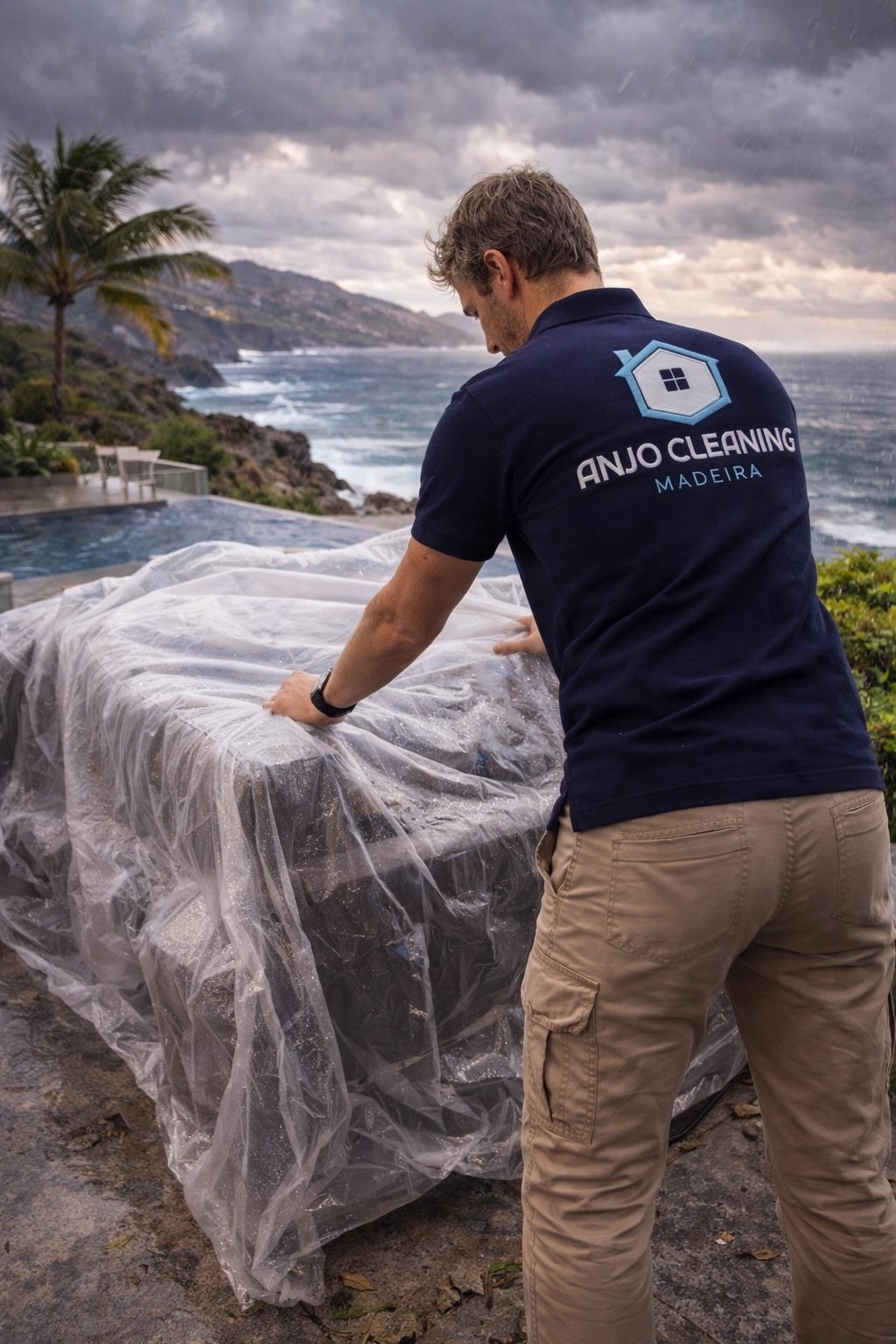 Collaborateur protégeant le mobilier extérieur d’une propriété de luxe avant des intempéries